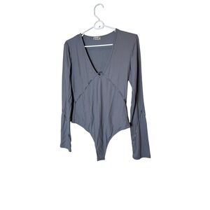 Intimately Free People‎ Bodysuit Womens Small Gray Ribbed Long Sleeve V Neck